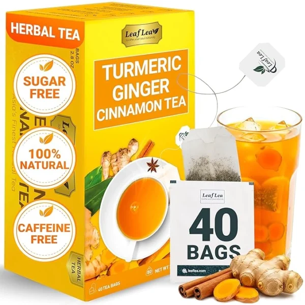 LeafLea 40 Turmeric Ginger Cinnamon Tea Bags, 100% Natural